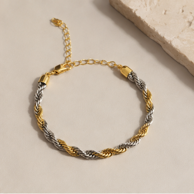 Pulseira Cordão Baiano Dois Banhos | Ouro 18k e Ródio Branco
