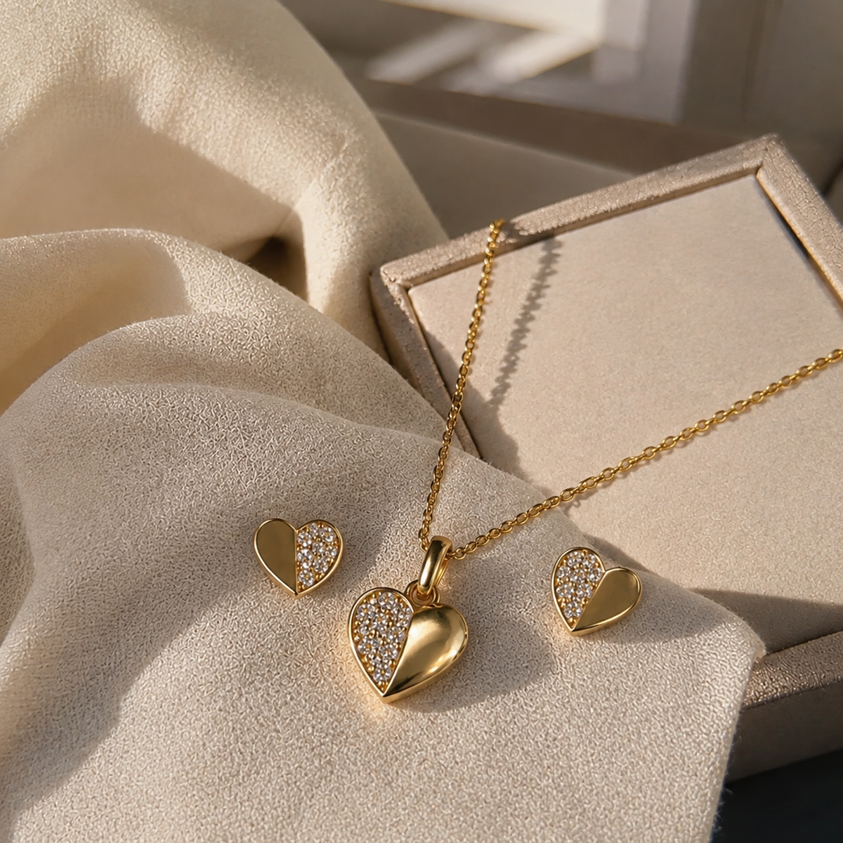 Conjunto Coração Banhado a Ouro com Pedras
