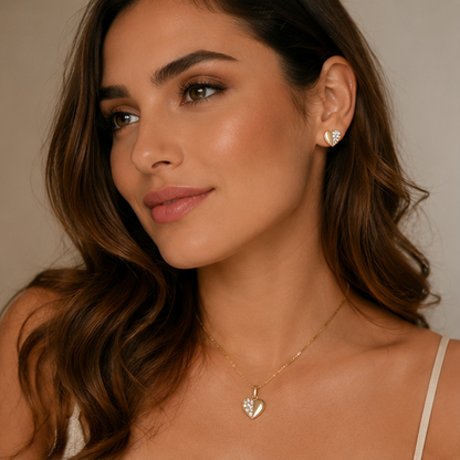 Conjunto Coração Banhado a Ouro com Pedras
