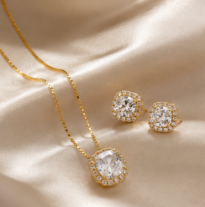 Conjunto Elegance Halo™ | Colar e Brincos Banhados a Ouro