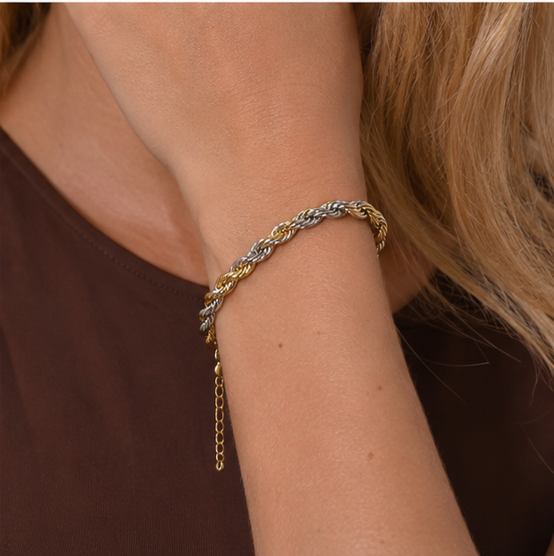 Pulseira Cordão Baiano Dois Banhos | Ouro 18k e Ródio Branco