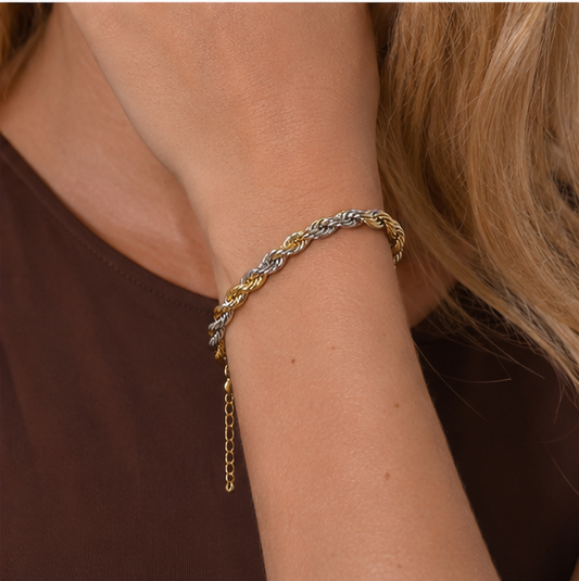 Pulseira Cordão Baiano Dois Banhos | Ouro 18k e Ródio Branco