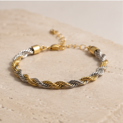 Pulseira Cordão Baiano Dois Banhos | Ouro 18k e Ródio Branco