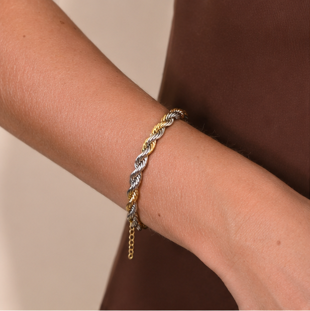 Pulseira Cordão Baiano Dois Banhos | Ouro 18k e Ródio Branco