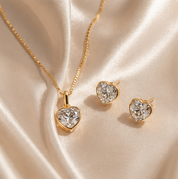 Conjunto Heart Shine™ | Colar e Brincos Banhados a Ouro