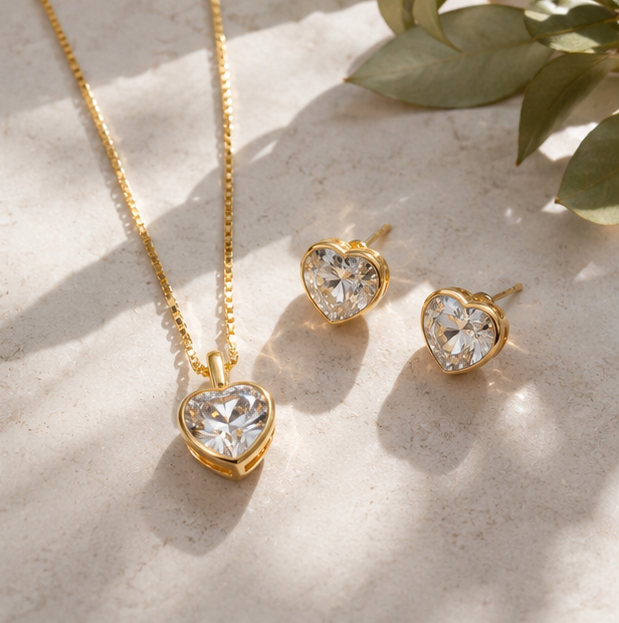 Conjunto Heart Shine™ | Colar e Brincos Banhados a Ouro